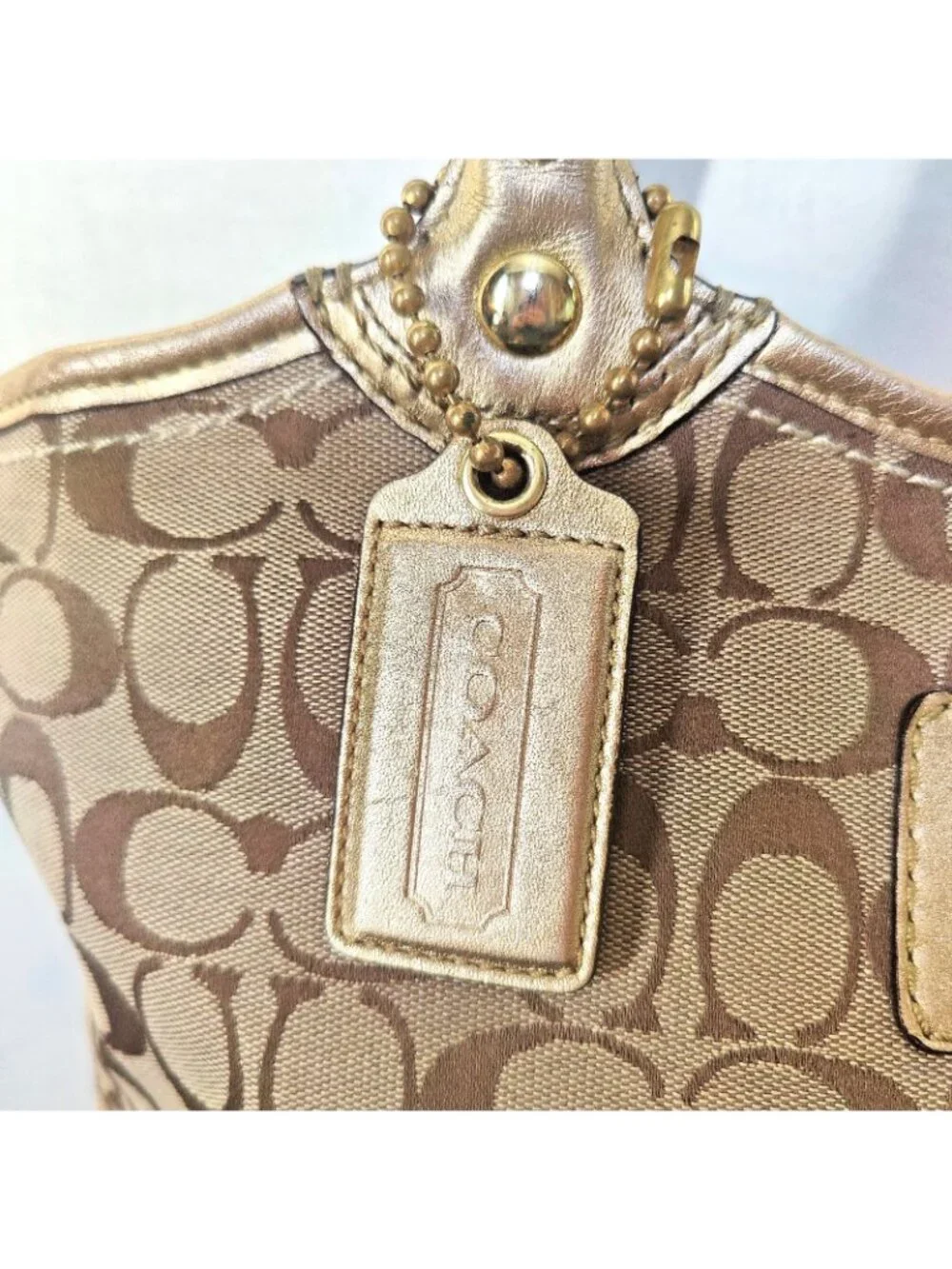 COACH BLEECKER Signatue TOTE Satchel BAG Gold Tan Leather Fabric